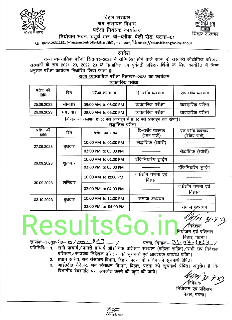 Bihar SCVT ITI Exam Time Table 2023